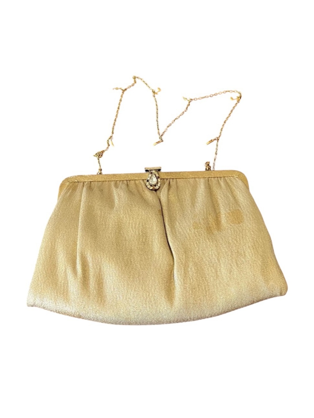 Vintage 60s Gold Evening‎ Clutch Purse Jeweled Clasp Chain Strap Formal Bag